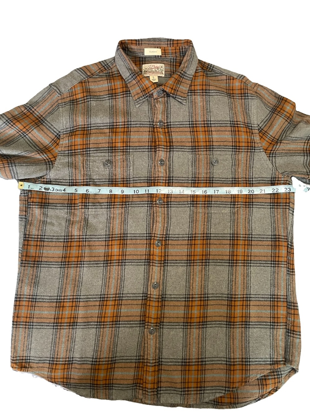 J.Crew Men's Large (L) Classic Fit Cotton Gray and Orange Plaid Flannel Shirt - Picture 9 of 9
